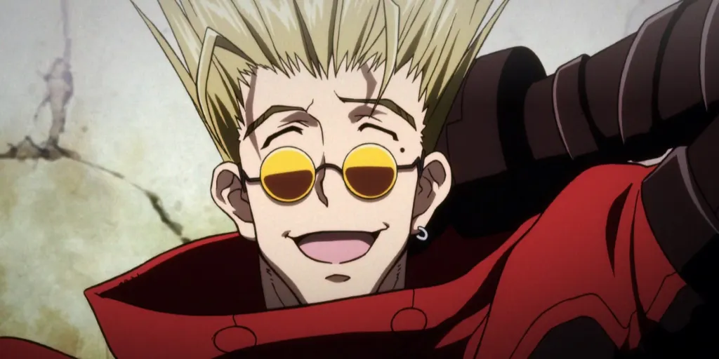 Vash the Stampede from Trigun sporting round sunglasses, giving that retro-cool edge to his look. '90s Geek Fashion