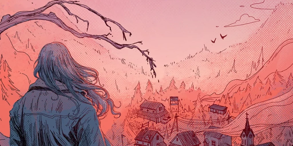 A haunting illustration from indie TTRPG "Alice is Missing," featuring a character with long hair looking over a small, secluded town nestled in the woods at sunset. The art conveys a sense of isolation and mystery, with the town seemingly quiet and untouched. Birds fly overhead, and the atmosphere is tinged with a pinkish hue, enhancing the melancholic and eerie vibe of the game setting, emphasizing the game's focus on the silent disappearance of a high school junior named Alice Briarwood in the small town of Silent Falls.