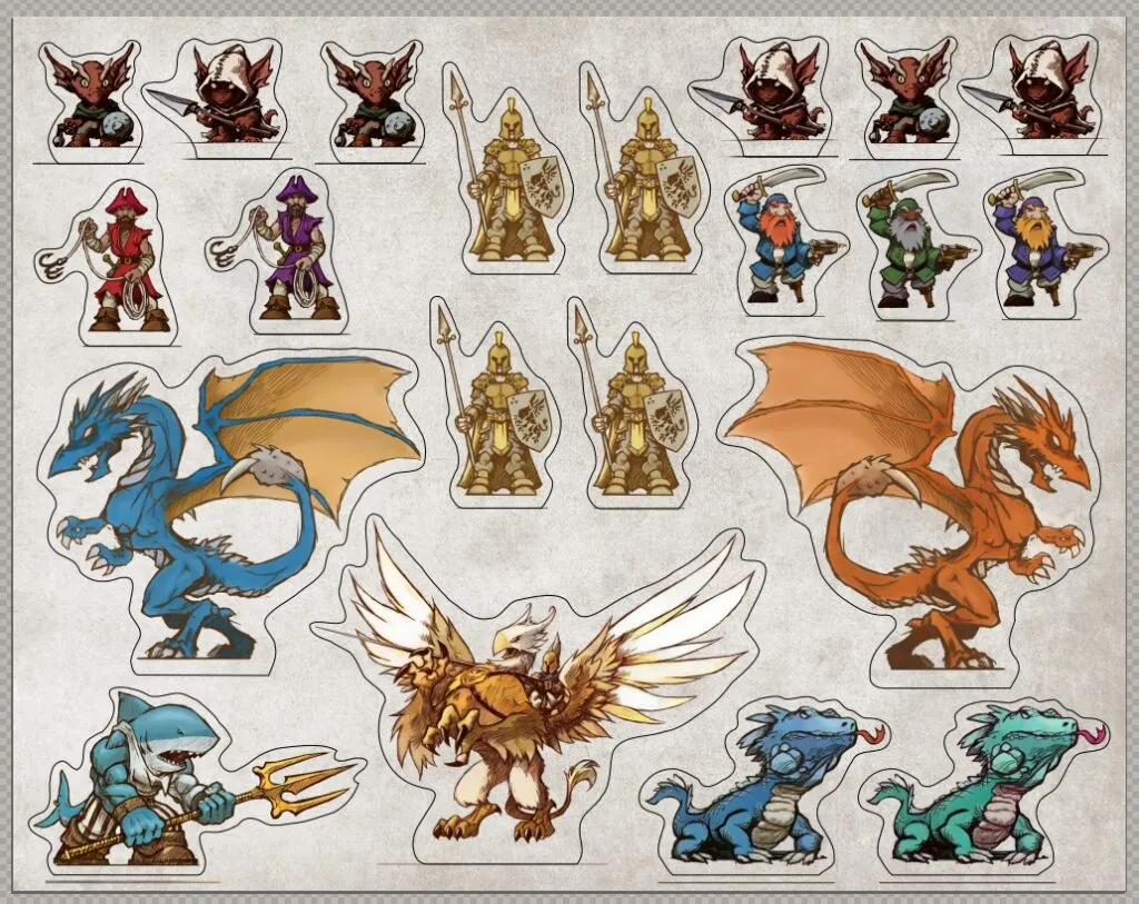 Character punch-out sheet from the "Alterra Age of Exploration" tabletop game, featuring various detailed figures including goblins, knights, dwarves, dragons, a griffin, and a shark warrior. Each character is colorfully illustrated and designed for use as standees in the game, enhancing the visual and immersive experience of gameplay.