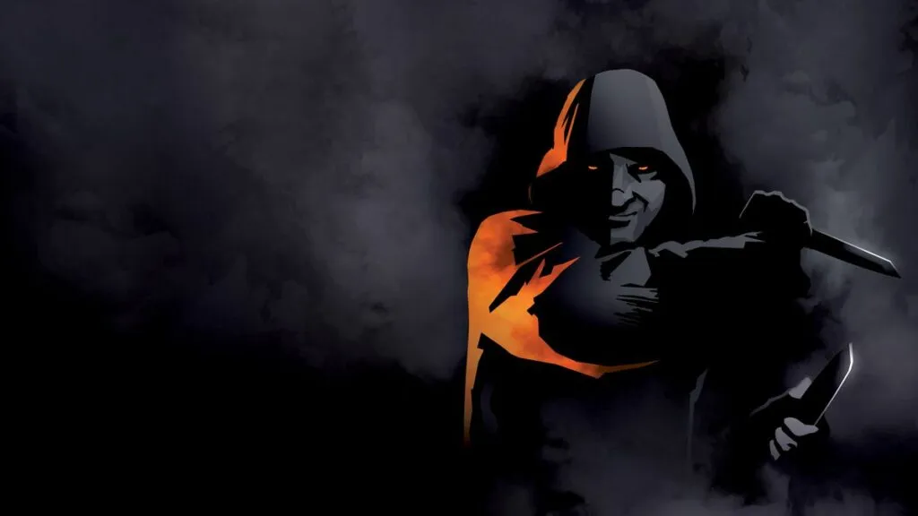 A shadowy figure in a hooded cloak holds a dagger, emerging from the darkness with an ominous grin. The scene is filled with dark, swirling mist, emphasizing the mysterious and dangerous atmosphere of the industrial-fantasy setting of "Blades in the Dark." The figure's piercing eyes and the subtle glow from their cloak hint at the supernatural elements that haunt the streets of the city.