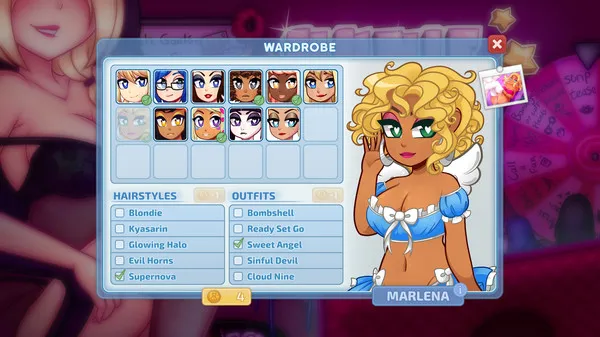 "Screenshot of a blonde girl character from HunieCam Studio in the wardrobe section, showcasing different hairstyles and outfits, with the character's name, Marlena, displayed at the bottom."