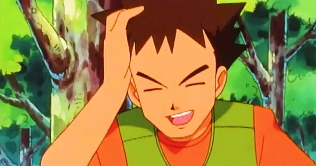 Brock from Pokémon rocking classic overalls, exemplifying the practical and adventurous '90s style.