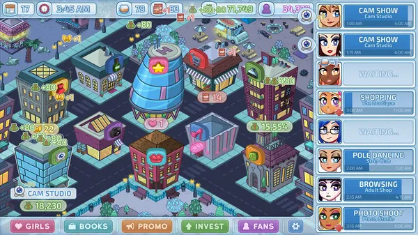 "Screenshot of the business aspect in HunieCam Studio, displaying various buildings and activities, with characters engaged in different tasks like cam shows, shopping, and photo shoots."
