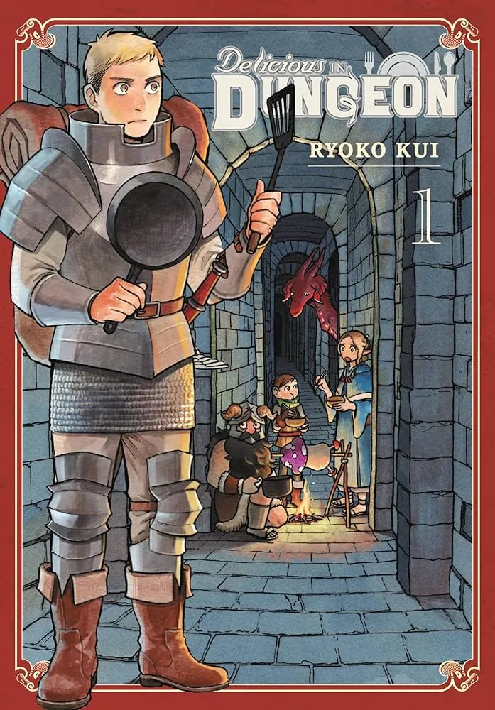 Cover of "Delicious in Dungeon" Volume 1 by Ryoko Kui. The cover features a group of adventurers in a medieval dungeon setting. The central character, a blonde-haired warrior in armor, stands in the foreground holding a frying pan and spatula, with a determined look on his face. He has a backpack and other cooking utensils strapped to him. Behind him, deeper in the dungeon corridor, other characters are seen: a dwarf sitting by a cooking pot over a fire, a female elf holding a piece of food on a skewer, and another adventurer in the background interacting with a small dragon. The dungeon walls are made of stone, and the scene is lit warmly by the fire. The title "Delicious in Dungeon" is displayed at the top, with the author's name, Ryoko Kui, beneath it. The overall style is colorful and detailed, reflecting the manga's blend of adventure and culinary themes.