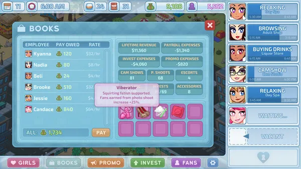 "Screenshot of the 'Books' section in HunieCam Studio, displaying employee stats, pay rates, revenue, and expenses, along with a selection of items and their effects."