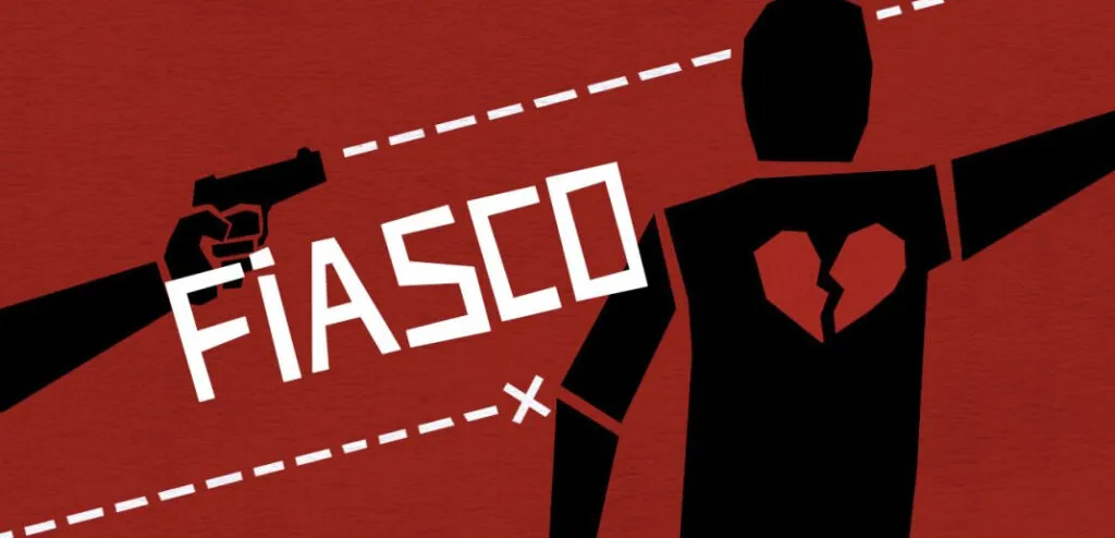 An illustration from "Fiasco" indie TTRPG. The image features a minimalist, red background with a bold white title, "FIASCO," angled across the center. To the left, a black silhouette of a hand holding a gun points toward a figure on the right. The figure, also a black silhouette, has a broken heart icon on its chest. Dashed white lines add a sense of motion and tension, hinting at the chaotic, disastrous situations players will navigate in this GM-less role-playing game.