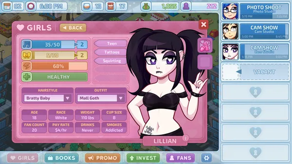 "Screenshot of a goth girl character from HunieCam Studio, featuring character stats and options for customization, highlighted in a pink interface."