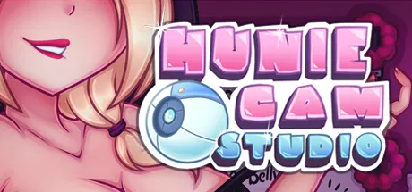 "Cover image for HunieCam Studio, featuring the game's title in stylized text with a webcam icon, and part of a blonde character's face and shoulder visible on the left side."