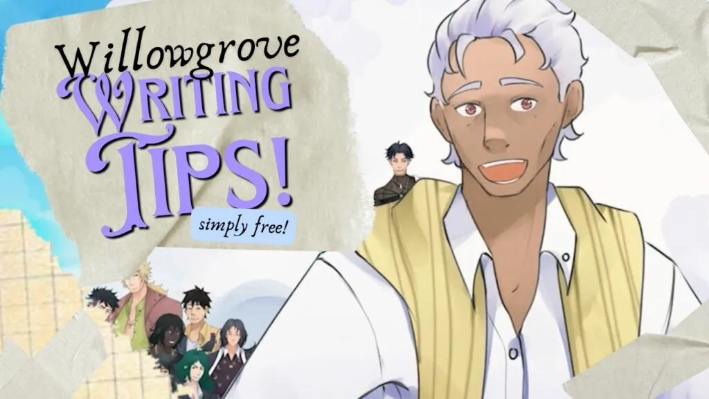 A promotional image of Reginald's (from "I Married a Monster on a Hill") Willowgrove Writing Tips series. The image is covered in scrapbook paper and tape with characters surrounding him in the background.