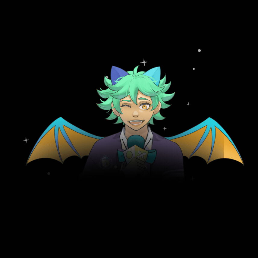 Kasai winking in a dark jacket with wings spread, cropped for mobile