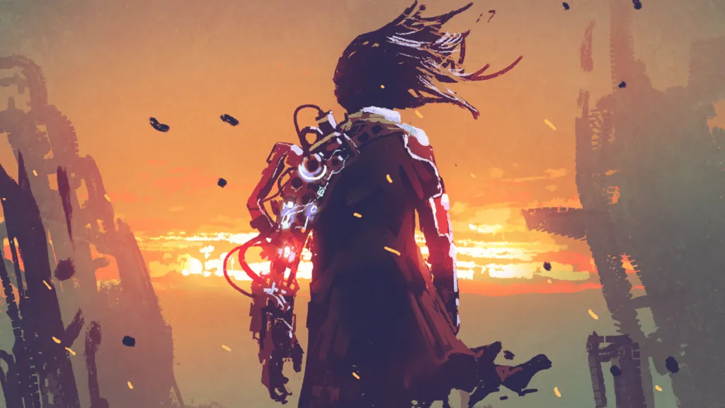 A post-apocalyptic scene from indie TTRPG "Legacy: Life Among the Ruins" RPG. The image features a solitary figure standing amidst ruins, gazing towards a dramatic sunset. The character is equipped with a cybernetic arm, symbolizing the fusion of technology and survival in a devastated world. The remnants of a once-great civilization loom around them, casting shadows that hint at both the past's grandeur and its downfall. The warm, glowing horizon juxtaposed with the dark silhouettes creates a poignant atmosphere of hope and desolation.
