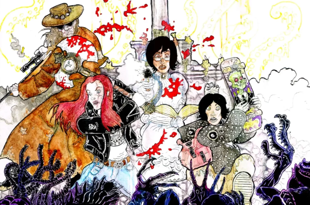 Four characters, each with distinct appearances, are in a chaotic battle scene. The character on the left is a bearded figure in a wide-brimmed hat and trench coat, wielding a weapon. The character in the middle is a woman in Victorian attire, holding a gun and an open book. The character on the right is a modern-day punk with red hair, wearing a leather jacket and jeans, while another character beside them is holding a skateboard with a green, zombie-like face. Tentacled creatures and eerie shadows add to the chaotic, horror-filled atmosphere, with splashes of red indicating intense action.