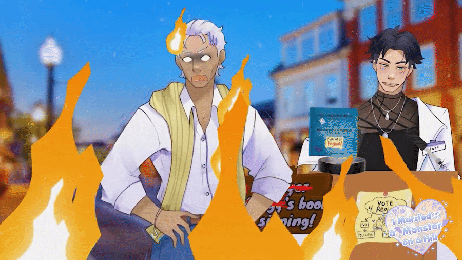 Gif of Reginald from "I Married a Monster on a Hill" burning in flames as Nate stands on a podium and tosses his Mayor Rule Book.
