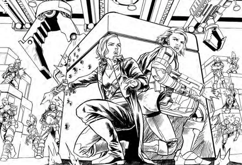 A black-and-white illustration from "Scum and Villainy" indie TTRPG. The image depicts two characters, a man and a woman, taking cover behind a large, bullet-riddled block while engaged in a fierce firefight. Both are dressed in futuristic, tactical gear. The woman, with a determined expression, reaches out with one hand while the other holds a weapon. The man, similarly armed, looks back over his shoulder, ready to return fire. Around them, various futuristic soldiers and robotic figures are seen in action, adding to the high-stakes, sci-fi atmosphere of the scene.