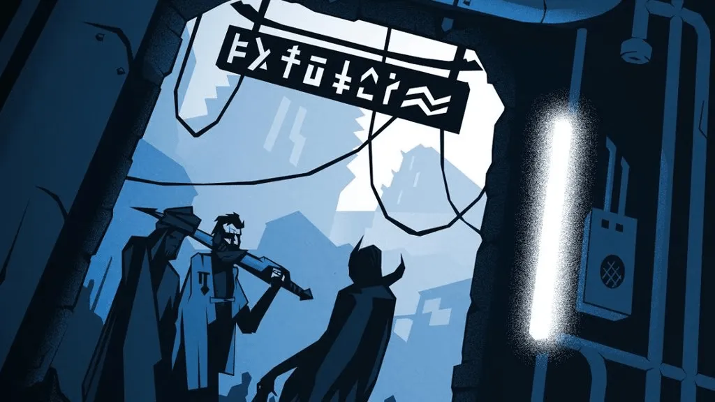 Stylized art from "Spire: The City Must Fall" depicting shadowy figures in an industrial, dystopian cityscape. The characters, likely dark elves known as drow, stand beneath a cryptic sign written in a mysterious script. The dark, moody tones of the image highlight the game's themes of rebellion and intrigue in a city occupied by oppressive high elves. The urban setting, with its towering buildings and ominous atmosphere, evokes a sense of danger and secrecy, perfectly capturing the essence of a struggle for freedom and justice within the game's narrative.