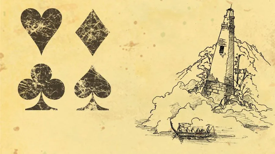 A sepia-toned illustration from "The Quiet Year" RPG, depicting a weathered set of playing card suits—hearts, diamonds, clubs, and spades—beside a detailed sketch of a lighthouse on a rocky outcrop. Below the lighthouse, a small boat with several figures rows through a misty, turbulent sea, symbolizing the struggles and journeys faced by a community in the aftermath of civilization’s collapse. The vintage style and rustic texture of the image evoke a sense of history and the passage of time, reflecting the game's themes of survival, rebuilding, and the ephemeral nature of peace in a post-apocalyptic world.
