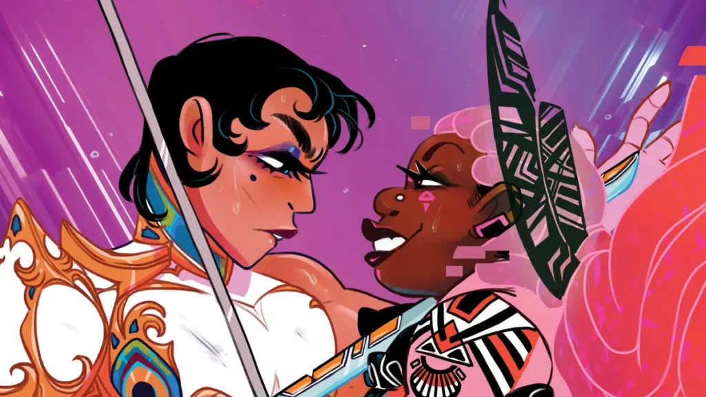 Two characters face each other intensely, swords drawn, with expressions of determination and passion. One character, adorned in intricate armor, sweats with effort, while the other, decorated in vibrant, patterned attire, smiles confidently. The background is a dreamy, purple-hued sky, adding to the surreal and magical atmosphere of "Thirsty Sword Lesbians." The scene suggests a blend of conflict and connection, highlighting the unique storytelling elements where battles can turn into moments of deep emotional bonds.