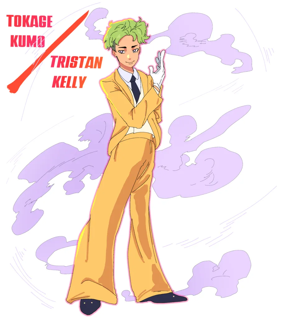 Character artwork for 'My Friends are my Strength' TTRPG featuring Tokage Kumo / Tristan Kelly. The character is shown in a confident pose, wearing a stylish yellow suit with a black tie and white gloves, against a background of swirling purple smoke effects. The character has green hair and a calm expression, highlighting the unique and charismatic personality within the game.