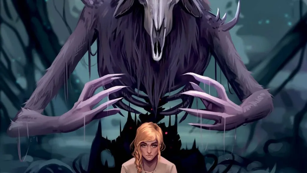 A haunting illustration from "Witch: Fated Souls"  indie TTRPG. The image depicts a young woman with a determined expression sitting in the foreground. Behind her looms a tall, skeletal figure with a deer skull for a head, draped in tattered, shadowy robes. Its long, clawed fingers extend menacingly towards the girl, creating a chilling contrast between the human and the supernatural. The eerie, dark forest setting in the background enhances the mysterious and ominous atmosphere of the scene.