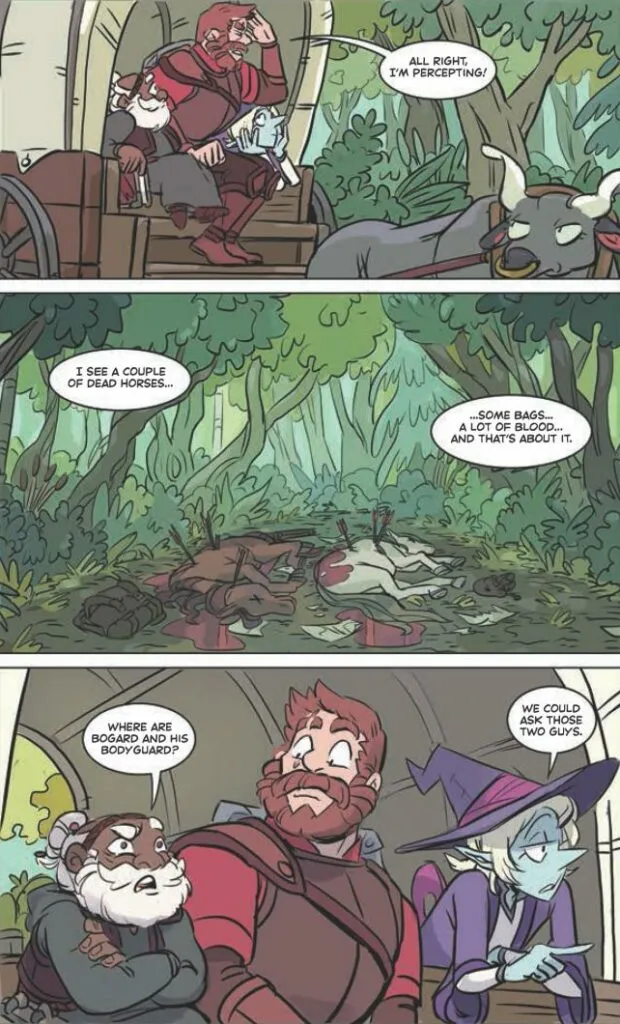 The comic page from "The Adventure Zone: Here There Be Gerblins" shows the adventurers making observations from their wagon. The top panel features Magnus, Merle, and Taako sitting in their wagon. Magnus, looking around, says, "All right, I'm percepting!" The middle panel shows a scene in the forest with two dead horses lying on the ground, surrounded by some bags and a lot of blood. Magnus describes, "I see a couple of dead horses... some bags... a lot of blood... and that's about it." The bottom panel depicts the three characters reacting to the scene. Merle asks, "Where are Bogard and his bodyguard?" Taako, looking unimpressed, points to the dead horses and says, "We could ask those two guys." This page highlights the trio's typical mix of humor and grim situations as they navigate their adventure.