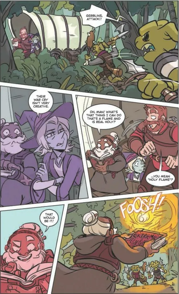 The comic page from "The Adventure Zone: Here There Be Gerblins" features an encounter with goblins, known as "Gerblins." The top panel shows the adventurers in their wagon, with Magnus, Merle, and Taako looking surprised as a goblin shouts, "GERBLINS, ATTACK!!" The goblin is seen charging with a sword. In the middle panels: Taako, looking unimpressed, says, "Their war cry isn't very creative." Merle, looking confused, asks, "Oh, man! What's that thing I can do that's a flame and is real holy?" Magnus responds, "...you mean 'HOLY FLAME'?" In the bottom panels: Merle, realizing, says, "That would be it!" The final panel shows Merle casting a spell from a book labeled "EXTREME TEENS," with a "FOOSH!" sound effect as a bright flame appears. The goblins in the background are taken aback by the sudden holy flame. This page captures the humorous and action-packed nature of the comic, showcasing the characters' quick thinking and banter during battle.