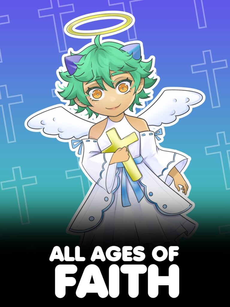 All Ages of Faith poster: a green-haired winged character with a halo holding a gold cross, against a background of crosses
