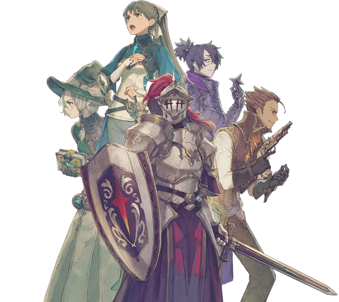The image features a group of five anime-style characters with distinct fantasy-themed designs. In the foreground stands a knight in full armor, adorned with a red plume on the helmet, holding a large shield with a red cross-like emblem and a sword. To the left is a character in a green wizard outfit, wearing a large hat and glasses, holding a spellbook. Behind the knight is a female character in a teal dress with long hair tied in a high ponytail, appearing to sing or cast a spell. To the right of the knight is a male character with purple hair, dressed in a purple coat, holding a dagger. On the far right is a character with short brown hair, dressed in a white and brown outfit, holding a small crossbow or a similar weapon. The characters are arranged in a dynamic pose, showcasing their unique abilities and styles, hinting at a rich fantasy adventure.
