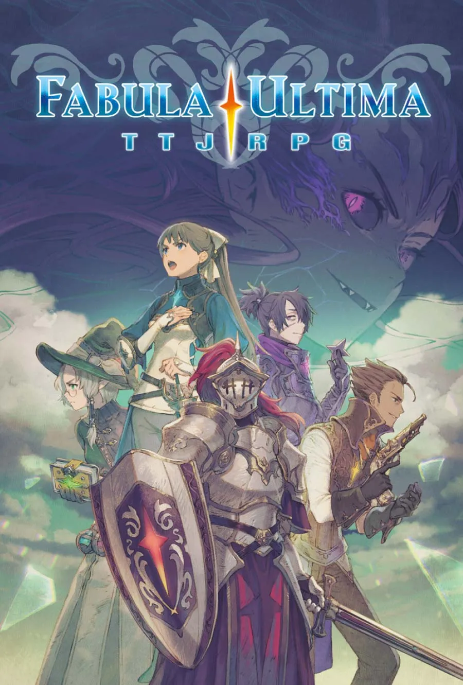 The cover image of "Fabula Ultima TTRPG" features a group of five anime-style characters with distinct fantasy-themed designs. In the foreground stands a knight in full armor with a red plume on the helmet, holding a large shield with a red cross-like emblem and a sword. To the left is a character in a green wizard outfit, wearing a large hat and glasses, holding a spellbook. Behind the knight is a female character in a teal dress with long hair tied in a high ponytail, appearing to sing or cast a spell. To the right of the knight is a male character with purple hair, dressed in a purple coat, holding a dagger. On the far right is a character with short brown hair, dressed in a white and brown outfit, holding a small crossbow or a similar weapon. Above the characters, the title "Fabula Ultima" is prominently displayed with an ornate design and a glowing sword icon between the words, and "TTRPG" written below. In the background, there is a large, shadowy figure with glowing purple eyes, adding a sense of mystery and danger to the scene.