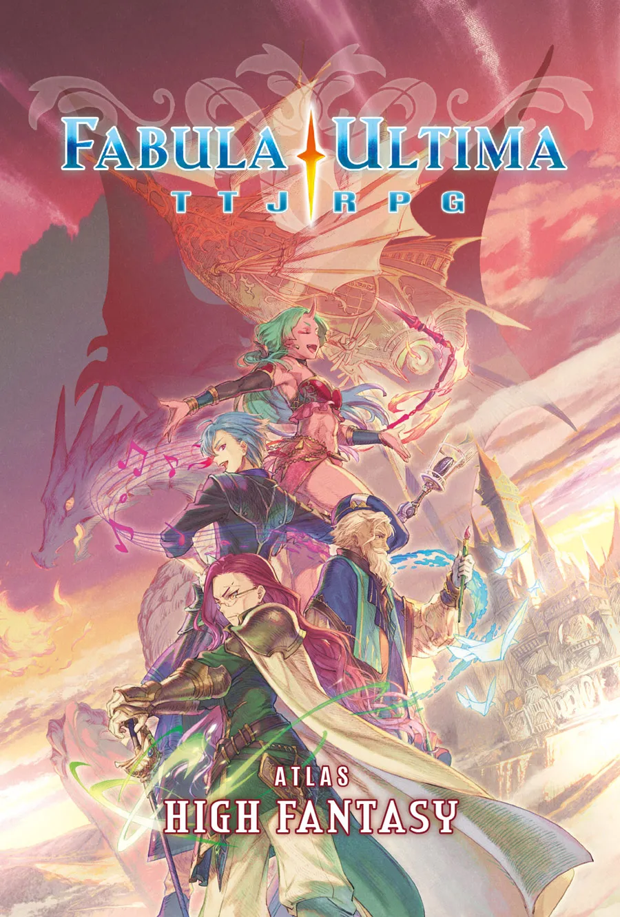 The cover image of "Fabula Ultima TTRPG: Atlas High Fantasy" features a dynamic and colorful scene with four prominent characters in the foreground. At the top, a female character with green hair and a pink outfit is striking a dramatic pose with magical energy swirling around her. Below her is a character with blue hair and a teal coat, playing a musical instrument that emits magical notes. On the left, a character with long red hair and green armor is wielding a glowing magical weapon. To the right, an elderly character with a long white beard and a blue robe is casting a spell, with magical glyphs floating around. In the background, there is a large, ornate airship and a sprawling city with towers and bridges, bathed in a vibrant sunset. Above the characters, the title "Fabula Ultima TTRPG" is prominently displayed with a glowing sword icon between the words, and "Atlas High Fantasy" written below. The overall artwork exudes a sense of epic adventure and high fantasy magic.