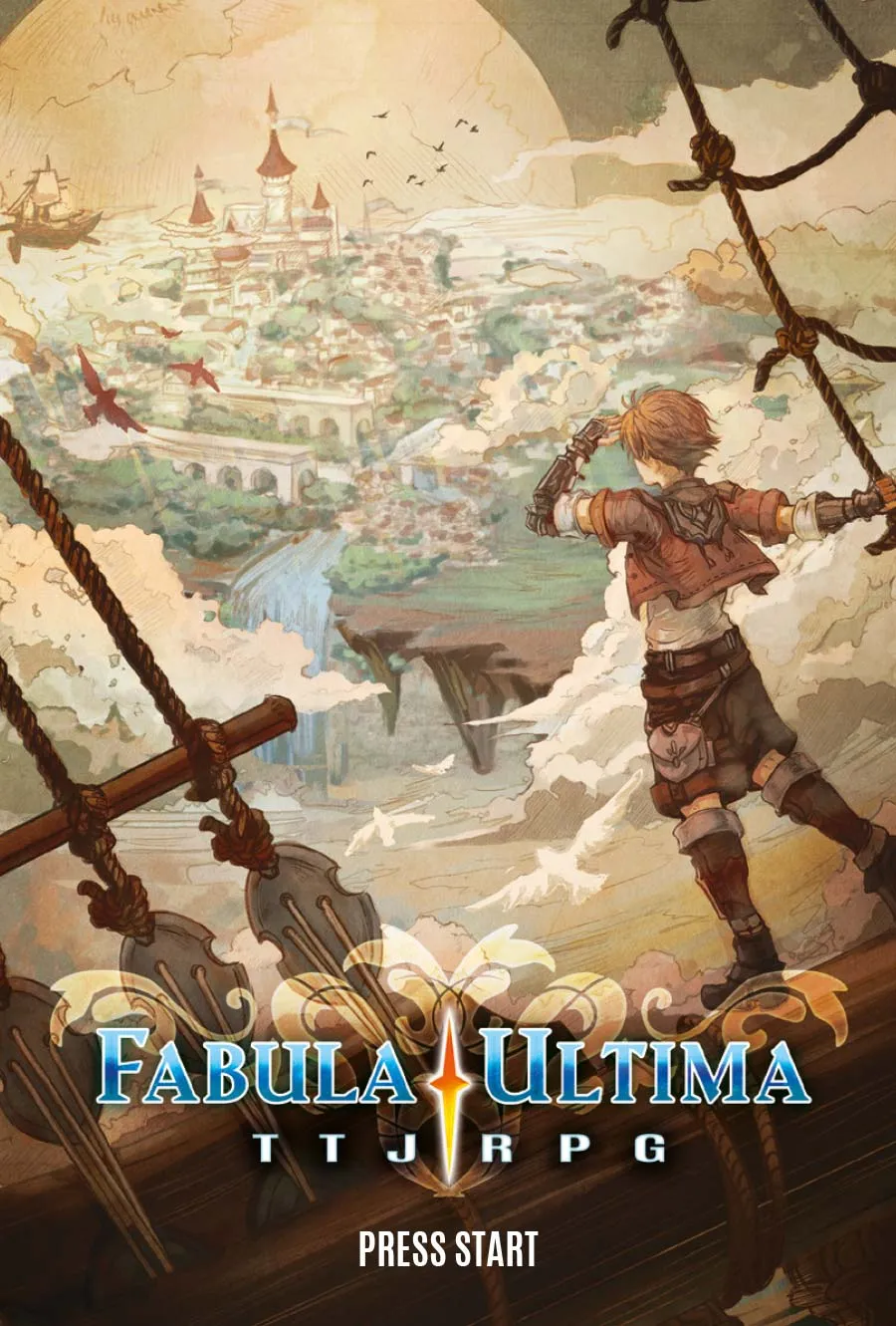 The cover image of "Fabula Ultima TTRPG" shows an adventurous scene where a character is standing on a wooden platform, holding onto ropes, and looking out over a sprawling, fantastical city below. The character has short brown hair and is dressed in adventurer gear with armor pieces and a red scarf. In the background, the city features various buildings, bridges, and towers, with airships and flying creatures soaring through the sky. The title "Fabula Ultima" is prominently displayed at the bottom, with a glowing sword icon between the words and "TTRPG" written below. The words "Press Start" are also featured at the bottom, suggesting the beginning of an epic journey. The overall art style is detailed and vibrant, capturing the essence of a grand fantasy adventure.