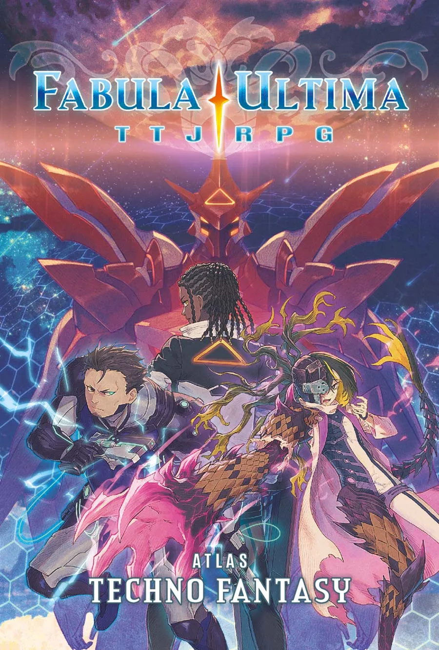 The cover image of "Fabula Ultima TTRPG: Atlas Techno Fantasy" features a futuristic and vibrant scene with three prominent characters in the foreground and a massive robot in the background. On the left, a character with short hair in a high-tech suit is holding a glowing weapon, ready for action. In the center, a character with braided hair and a futuristic outfit has a glowing triangular symbol on their back. On the right, a character with short hair and a mechanical eye patch is wielding a high-tech weapon with a confident expression. In the background, there is a large, red robot with glowing eyes and intricate mechanical details, adding a sense of scale and power to the scene. The setting is a high-tech, cybernetic environment with neon lights and digital effects. The title "Fabula Ultima TTRPG" is prominently displayed at the top, with a glowing sword icon between the words, and "Atlas Techno Fantasy" written below. The overall artwork combines elements of technology and fantasy, suggesting an epic adventure in a futuristic world.