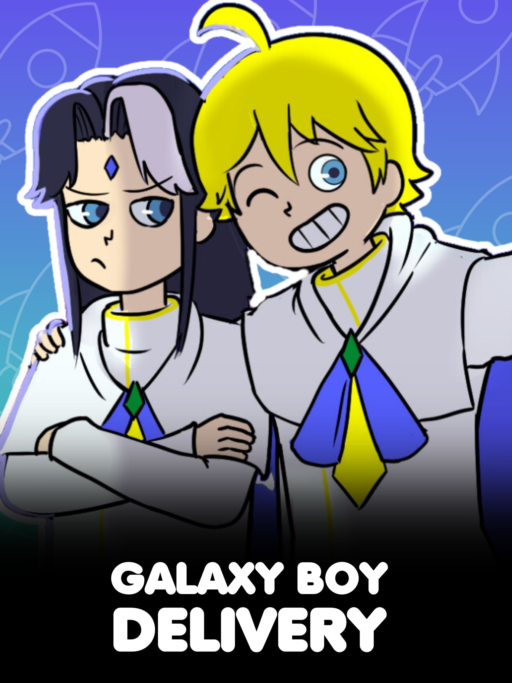 Galaxy Boy Delivery poster: two uniformed characters back to back, one with long dark hair, one blond