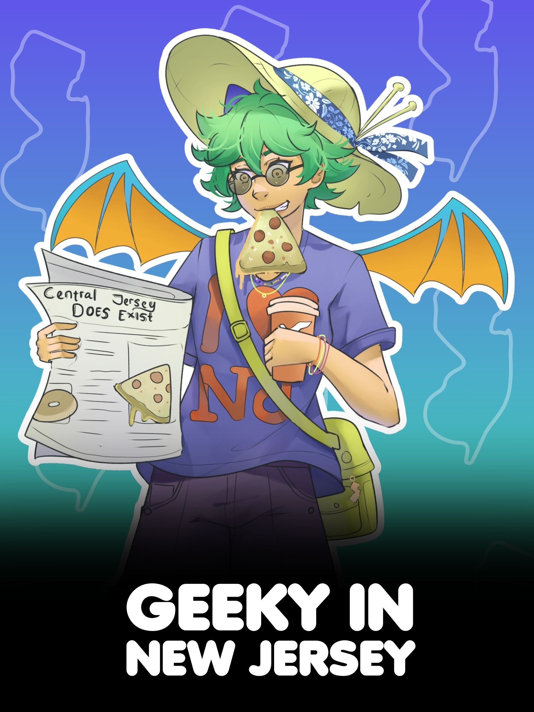 Geeky in New Jersey poster: a winged character in a sun hat holding a newspaper and an iced coffee