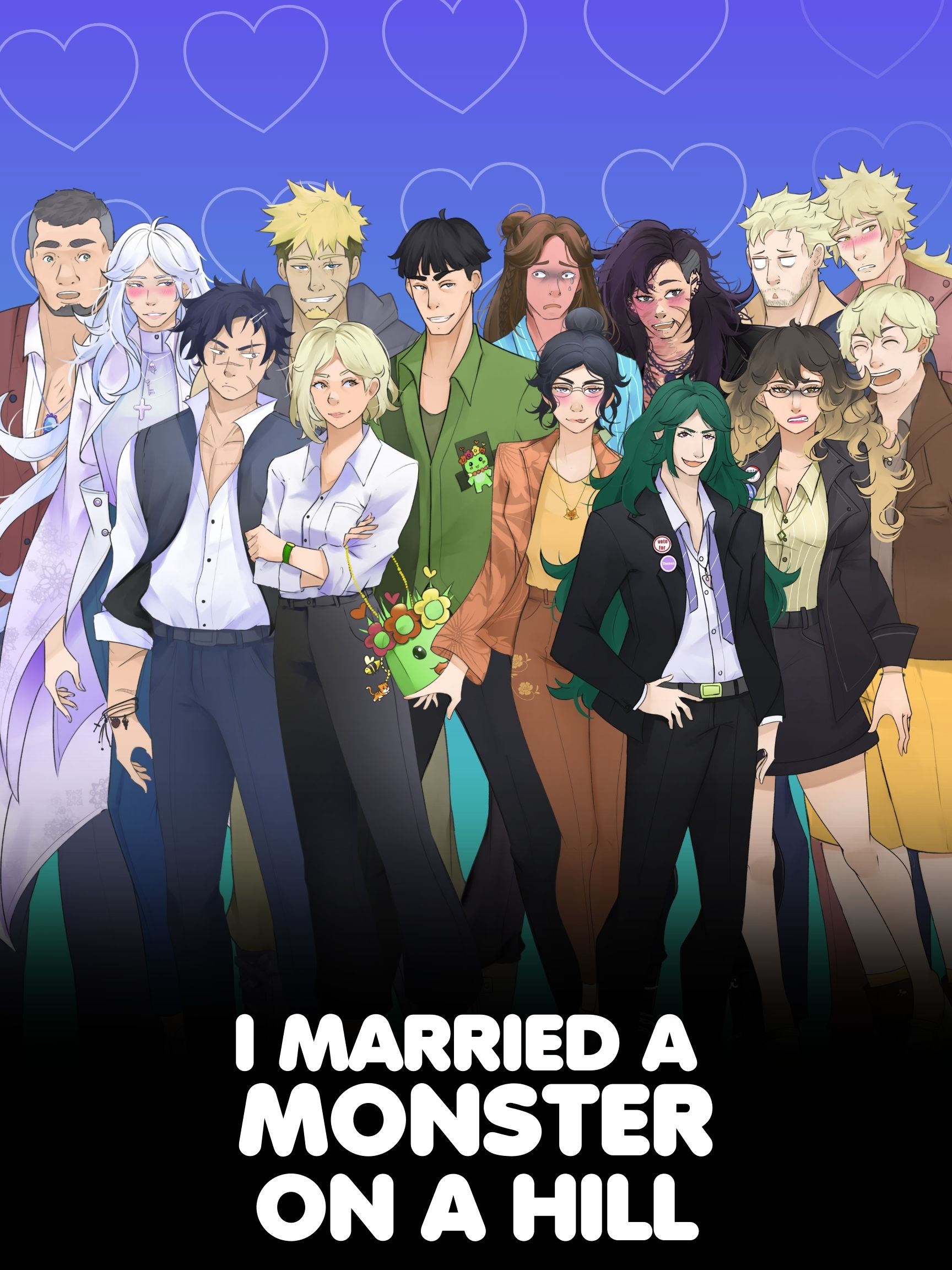 I Married a Monster on a Hill poster: the ensemble cast lined up against a lilac background