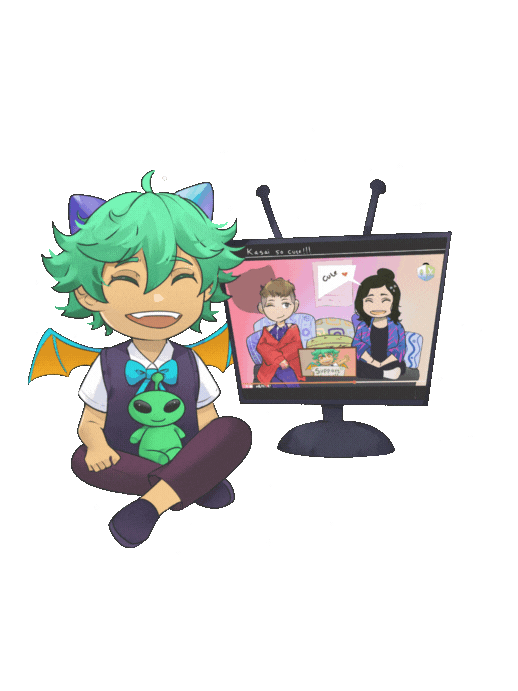 Kasai sitting cross-legged holding a plush toy, watching a retro television