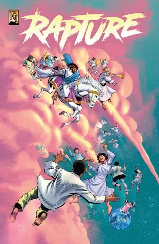 The cover of "Rapture" is a vibrant and dynamic portrayal of the biblical event known as the Rapture, where believers are taken up from the Earth to meet Christ in the air. The artwork is filled with motion and energy, capturing the awe and excitement of this prophetic moment.

At the top of the image, a figure on a white horse—likely representing Jesus—leads the charge, surrounded by angels blowing trumpets, symbolizing the heavenly announcement of the Rapture. The bright, glowing colors create a sense of divine light and power, emphasizing the supernatural nature of the event.

Below, figures of people are shown ascending from the Earth, their expressions a mix of joy and wonder as they are lifted toward the heavens. The Earth itself is depicted at the bottom of the cover, with the curvature of the planet visible, adding to the sense of scale and the cosmic significance of the event.

The pink and orange tones of the sky add a surreal, almost dreamlike quality to the scene, reinforcing the miraculous and otherworldly aspects of the Rapture. The title "Rapture" is bold and dynamic, matching the intensity of the visual elements.

Overall, the cover of "Rapture" effectively conveys the dramatic and hopeful anticipation of this biblical prophecy, making it clear that the content within will explore one of the most compelling and debated topics in Christian eschatology. The artwork invites readers to dive into the story with a sense of wonder and expectation.