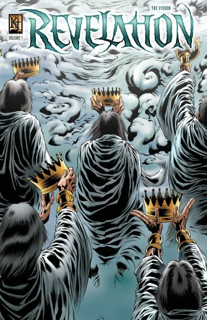 The cover of "Revelation: The Vision, Volume 1" is a captivating and mysterious depiction that perfectly captures the awe and reverence associated with the visions of the Book of Revelation. The artwork features a group of figures, likely representing the 24 elders described in Revelation, each holding a crown above their heads in an act of worship and submission.

The figures are dressed in flowing robes, and the perspective chosen by the artist gives the viewer the sense of looking up at these elders as they offer their crowns, symbolizing the surrender of their authority to God. The background is filled with swirling clouds, adding a sense of movement and the supernatural, as if the very heavens are alive and in motion during this act of worship.

The title "Revelation" is prominently displayed at the top, with lettering that has a slightly jagged, almost ethereal quality, fitting for the apocalyptic and visionary themes of the book. The muted color palette, dominated by grays, whites, and golds, adds to the somber yet majestic tone of the cover, emphasizing the solemnity and grandeur of the events depicted within.

This cover effectively sets the tone for a deep and thoughtful exploration of the final book of the Bible, inviting readers to delve into the mysteries and prophecies that have fascinated and inspired believers for centuries. The imagery is both powerful and contemplative, reflecting the weighty and divine themes that characterize the Book of Revelation.