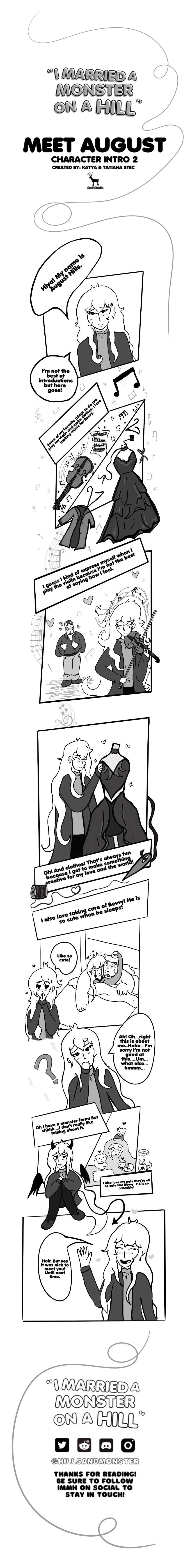 Character introduction comic for August from 'I Married a Monster on a Hill.' August introduces themselves with long hair, wearing a dress, and describes their love for playing the violin and dressing up. The comic highlights their caring nature, especially toward a character named Bevy. Created by Natya and Tatiana Stec, the comic is part of a larger Boys Love series, with a playful and engaging tone.