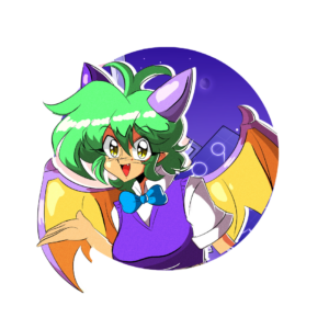 Kasai, the All Ages of Geek mascot: a green-haired dragon character with orange and blue wings and a bow tie