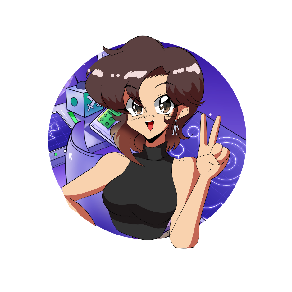 Katya Stec, founder of All Ages of Geek: illustrated avatar of a brown-haired character with glasses making a peace sign