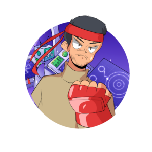 Mufsin Mahbub, writer and host: illustrated avatar of a character in a red headband raising a red glove