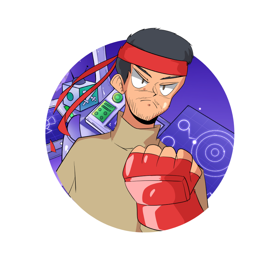 Mufsin Mahbub, writer and host: illustrated avatar of a character in a red headband raising a red glove