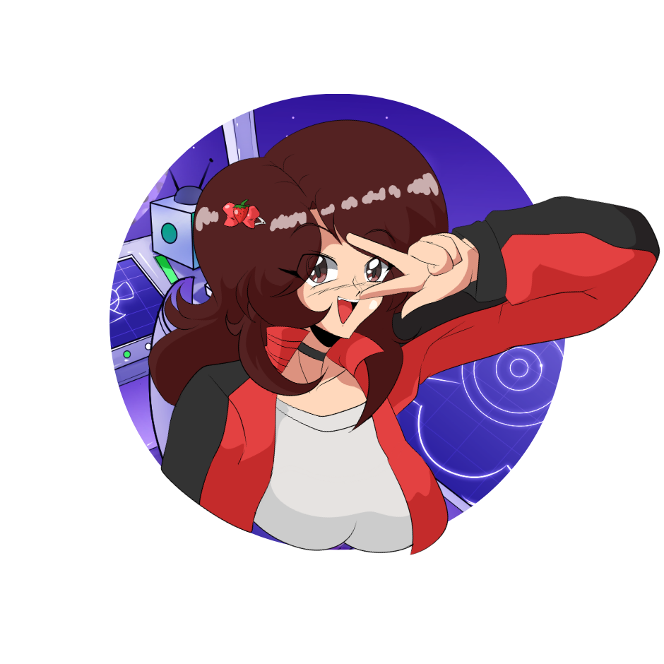 Tatiana Stec, co-founder of All Ages of Geek: illustrated avatar of a character in a red and black jacket making a peace sign