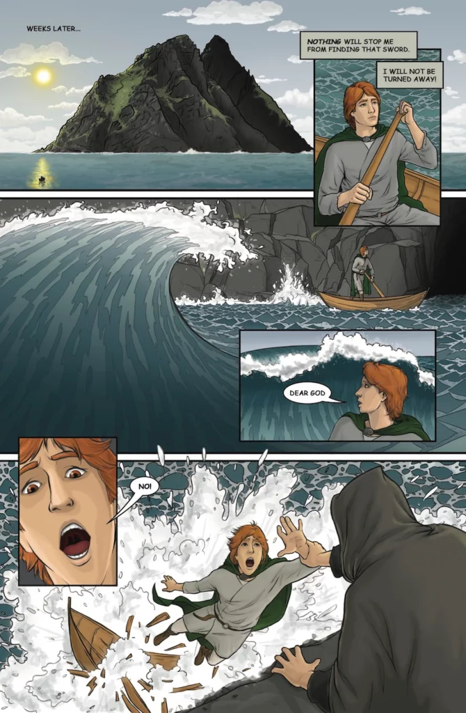 Comic page showing a dramatic scene at sea. In the first panel, a young man rows toward a rugged island under the sunlight, determined to find a legendary sword. In the next panels, he approaches the island’s rocky shore but faces a massive wave crashing against the rocks. He watches in horror, realizing the impending danger, and shouts 'No!' as the wave overturns his boat, throwing him into the turbulent water. A mysterious figure reaches out to him from the shore, heightening the suspense and peril of the moment.