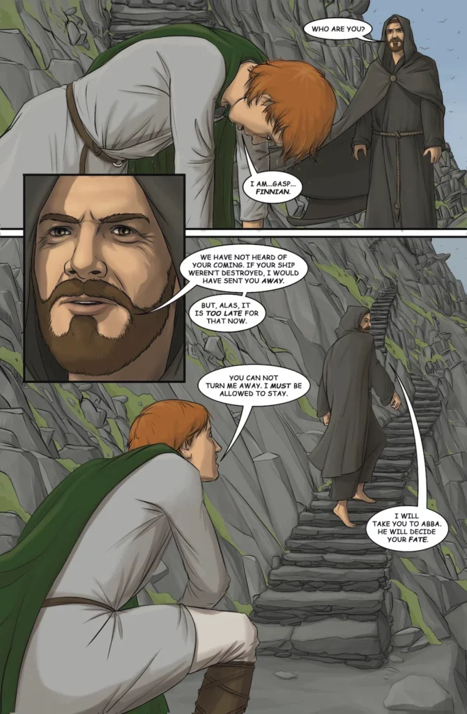 Comic page showing Finnian, exhausted and kneeling on a rocky path, after his boat has been destroyed. He encounters a mysterious hooded man who asks his identity. Finnian introduces himself, and the man, with a stern yet curious expression, reveals that Finnian’s arrival was unexpected and states he would have sent him away if not for the wreck. Finnian insists on staying, pleading for permission. The man, still cautious, turns and begins to lead Finnian up the stone steps, saying he will take him to 'Abba,' who will decide Finnian’s fate. The scene is tense and foreboding, set against a rugged, mountainous landscape.