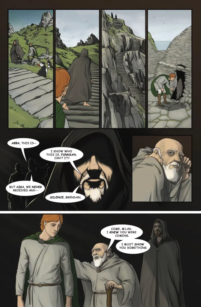 Panel set at Clonfert Abbey in the ninth century. In the foreground, a young man with reddish-brown hair, wearing a green cloak over medieval attire, walks with a determined expression, clutching a pendant or charm around his neck. Behind him, several monks in brown robes stand with mixed expressions, some stern or disapproving, possibly indicating tension between the young man and the monastic community. Stone towers and abbey buildings stand tall against a bright, cloudy sky, adding to the historical setting. Text boxes reveal the young man’s inner thoughts about feeling destined for heroism and seeking a powerful weapon to avenge his village.