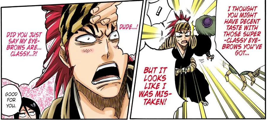 Renji Abarai getting his eyebrows complimented by Bazz-B,