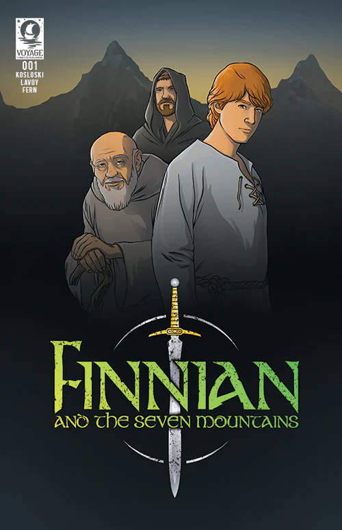 Cover of Finnian and the Seven Mountains Issue #1. The illustration features three characters against a dark mountainous background. The young protagonist, Finnian, with reddish-brown hair, stands in the foreground, looking determined. Behind him, two older men dressed in medieval-style robes look solemn, hinting at wisdom or mentorship. Below them, a sword points downward, symbolizing the adventure and challenges ahead. The title is displayed in a fantasy-style font, emphasizing the epic and mystical tone of the series.