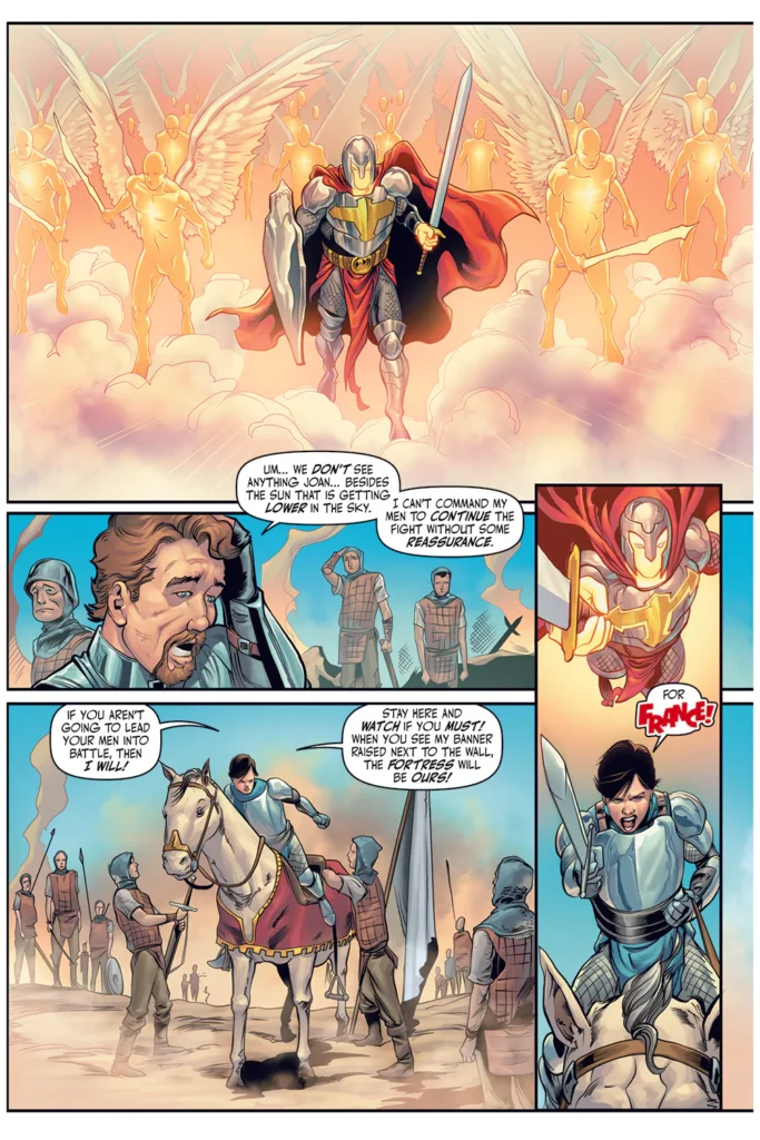 Comic panel showing Joan of Arc boldly preparing to lead her troops into battle, while a vision of the archangel Michael and angels appears above her. Doubting soldiers mention they can't see the vision, but Joan declares her faith and promises victory as she charges forward, rallying her men with a cry of 'For France!