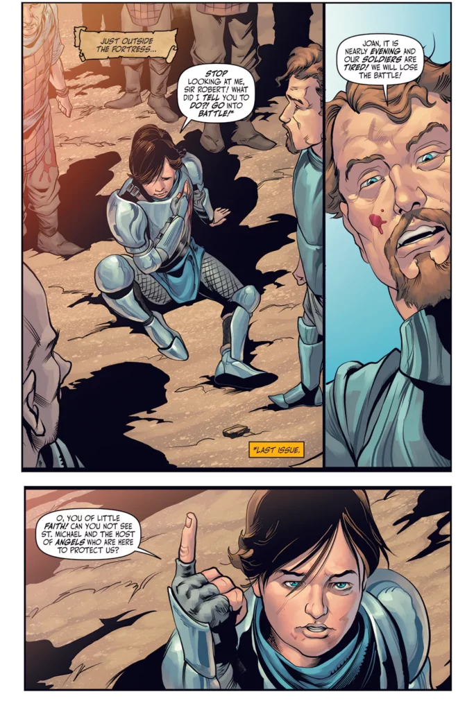 Comic panel showing Joan of Arc rallying her troops outside a fortress. Despite exhaustion and doubts from Sir Robert and others, Joan passionately reminds them of their divine protection, pointing out the presence of St. Michael and the host of angels watching over them.